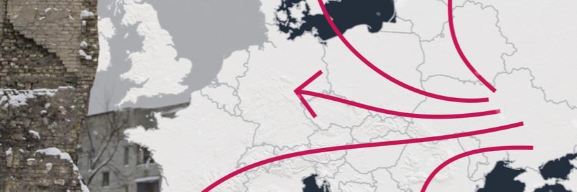 Foto und grafische Karte EU-Staaten mit Pfeilen