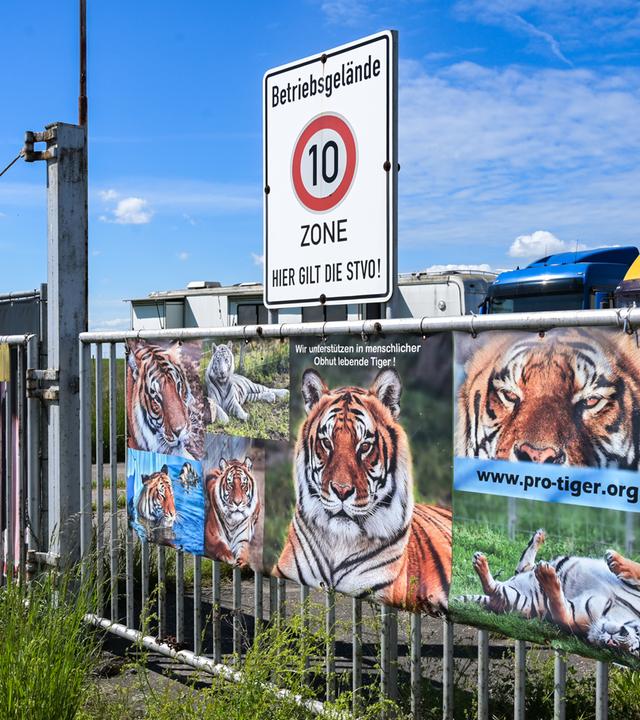 Ein Werbetransparent mit Tigerfotos hängt am Tor zu dem Gelände, wo Tiger gehalten werden.