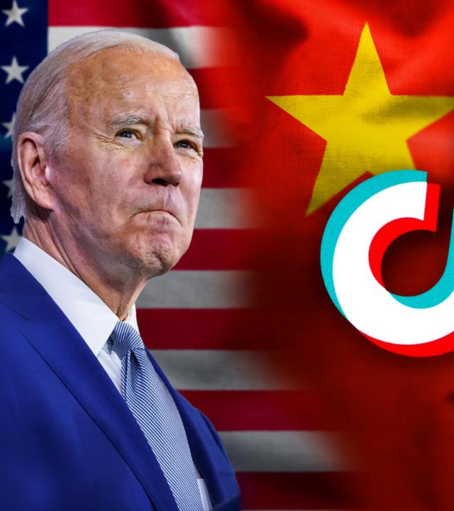 Im Hintergrund sind die Flaggen der USA und Chinas zu sehen; im Vordergrund links US-Präsident Joe Biden, im Vordergrund rechts das Logo der umstrittenen App TikTok