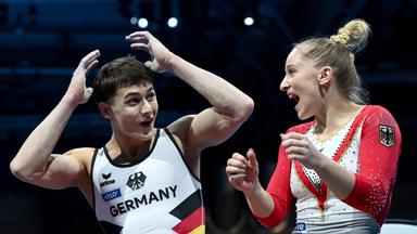 Turnen, Europameisterschaft, Entscheidung, Mixed: Karina Schönmaier und Timo Eder jubeln über die Goldmedaille. 
