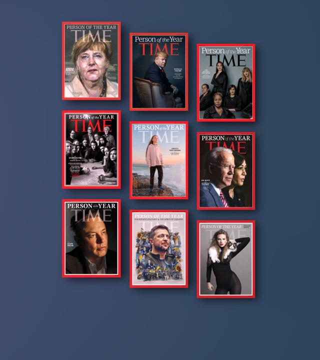 Cover des "Time Magazines" mit Personen des Jahres seit 2015, unter anderem Angela Merkel, Donald Trump und Taylor Swift