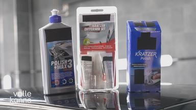 Tipps gegen Kratzer im Autolack behandelt: Man sieht drei verschiedene Produkte.