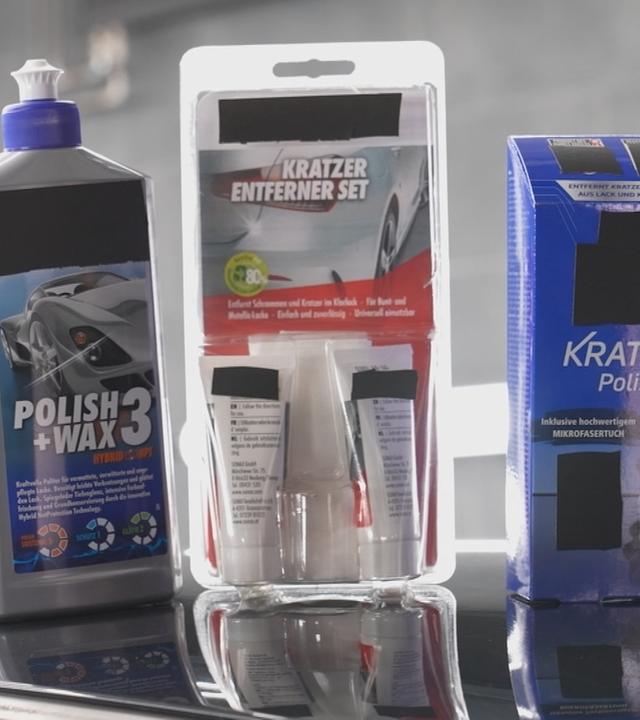 Tipps gegen Kratzer im Autolack behandelt: Man sieht drei verschiedene Produkte.