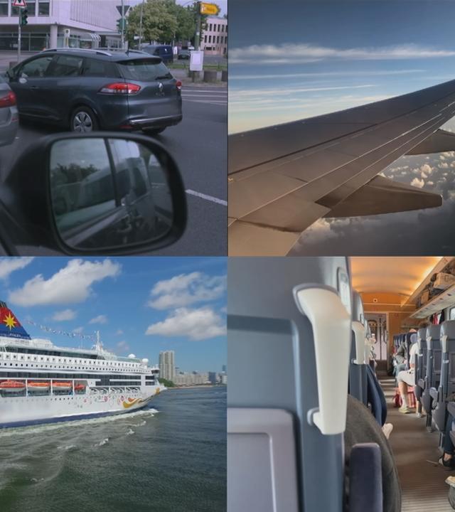 Verschiedene Reisemöglichkeiten: Auto, Zug, Flugzeug, Schiff