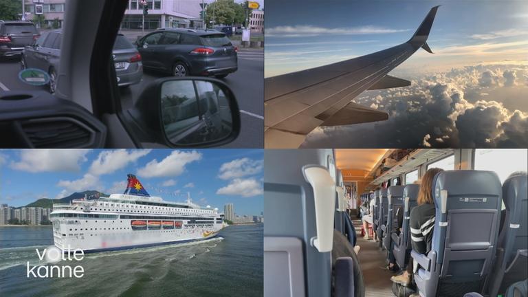Verschiedene Reisemöglichkeiten: Auto, Zug, Flugzeug, Schiff