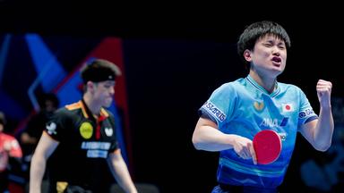 Tomokazu Harimoto sichert Japan am 7. Mai 2026 mit dem entscheidenden Punkt zum 3:1 gegen Deutschland den Halbfinaleinzug bei den Team-Weltmeisterschaften in der OVO Arena Wembley.