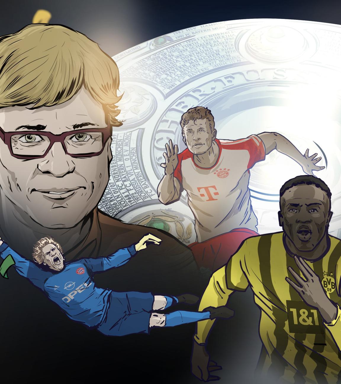 Karrikaturen von Béla Réthy, Thomas Müller, Günter Netzer, Jürgen Klopp, Oliver Kahn und Youssoufa Moukoko vor der gezeichneten Meisterschale