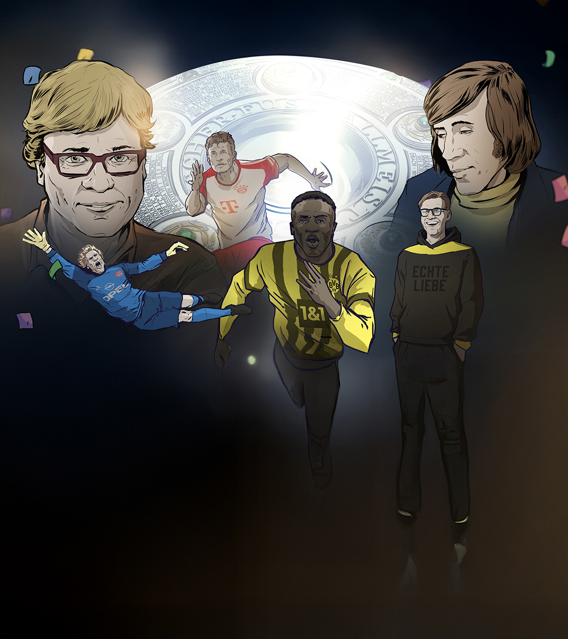 Karrikaturen von Béla Réthy, Thomas Müller, Günter Netzer, Jürgen Klopp, Oliver Kahn und Youssoufa Moukoko vor der gezeichneten Meisterschale