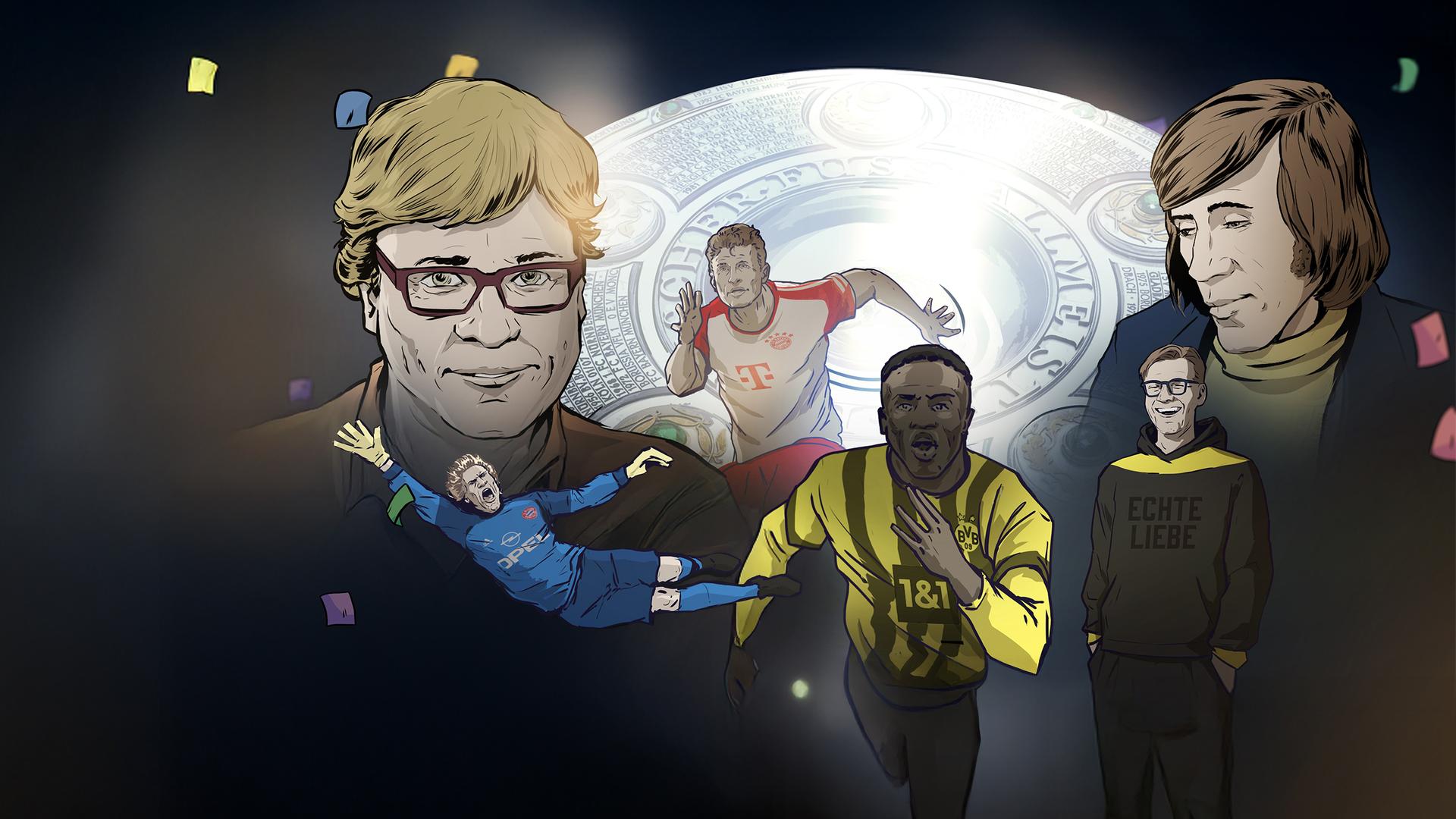 Karrikaturen von Béla Réthy, Thomas Müller, Günter Netzer, Jürgen Klopp, Oliver Kahn und Youssoufa Moukoko vor der gezeichneten Meisterschale