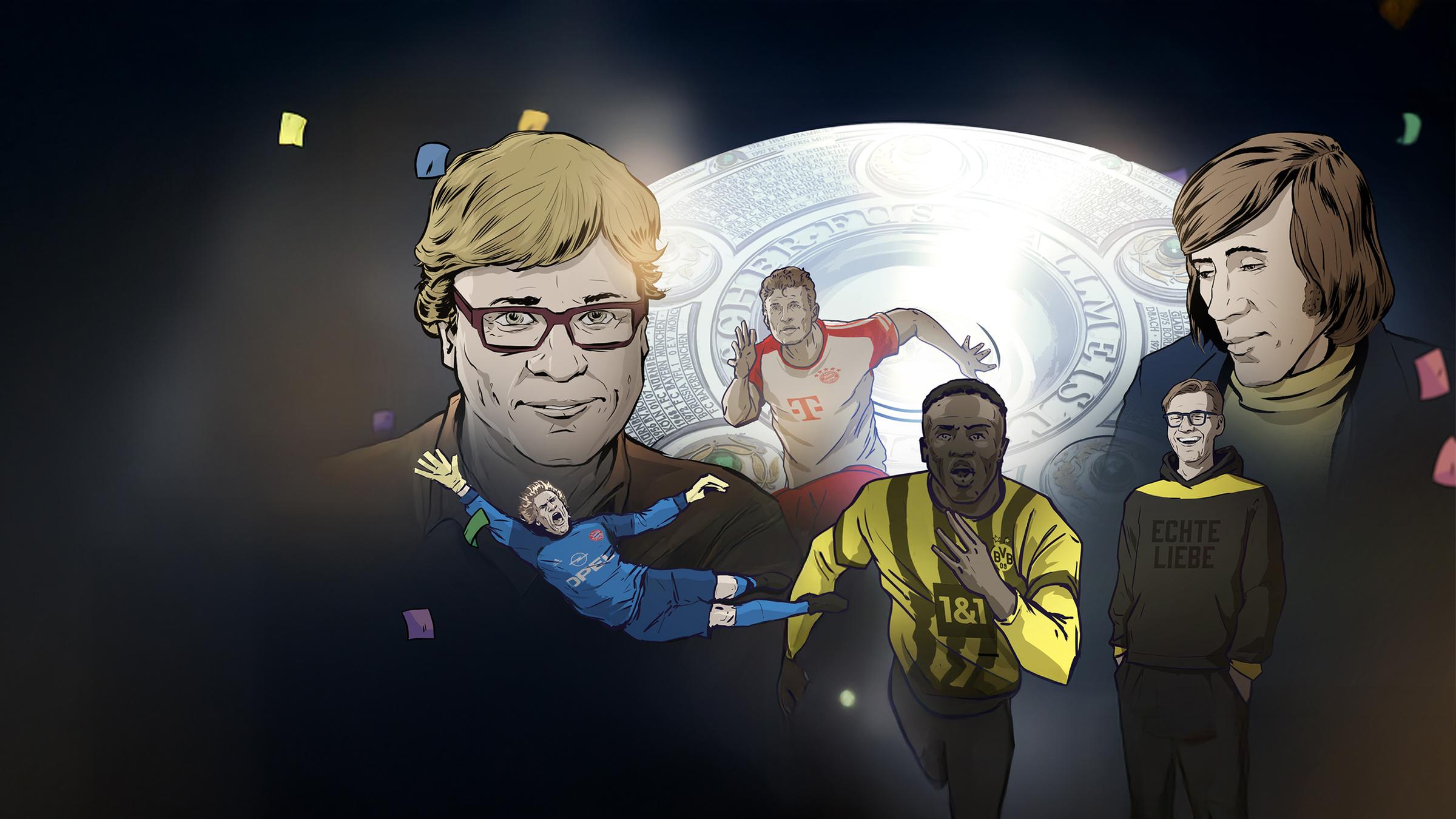 Karrikaturen von Béla Réthy, Thomas Müller, Günter Netzer, Jürgen Klopp, Oliver Kahn und Youssoufa Moukoko vor der gezeichneten Meisterschale