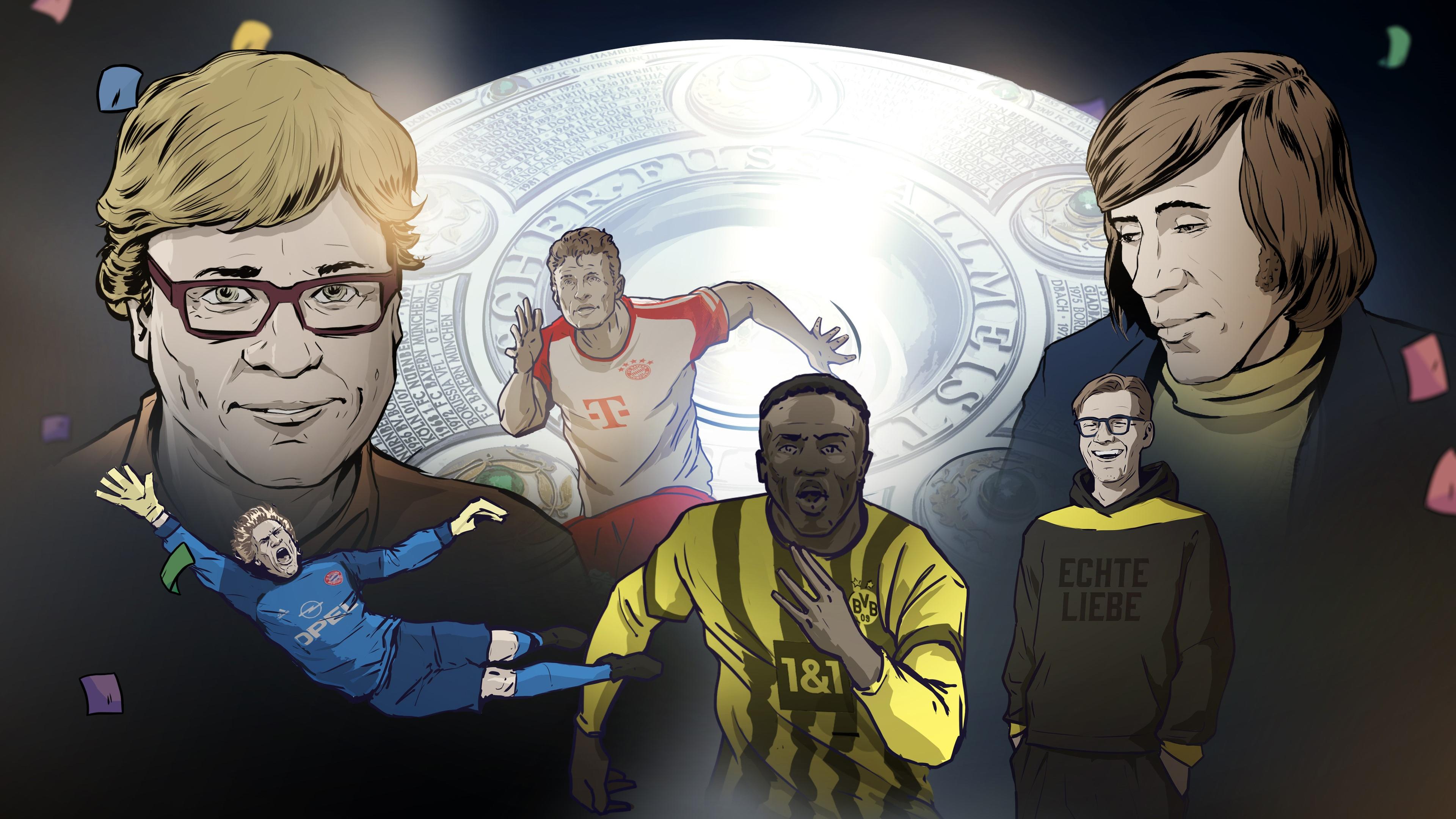 Karrikaturen von Béla Réthy, Thomas Müller, Günter Netzer, Jürgen Klopp, Oliver Kahn und Youssoufa Moukoko vor der gezeichneten Meisterschale