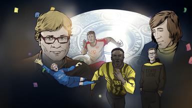 Karrikaturen von Béla Réthy, Thomas Müller, Günter Netzer, Jürgen Klopp, Oliver Kahn und Youssoufa Moukoko vor der gezeichneten Meisterschale