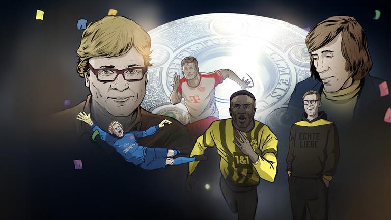 Karrikaturen von Béla Réthy, Thomas Müller, Günter Netzer, Jürgen Klopp, Oliver Kahn und Youssoufa Moukoko vor der gezeichneten Meisterschale