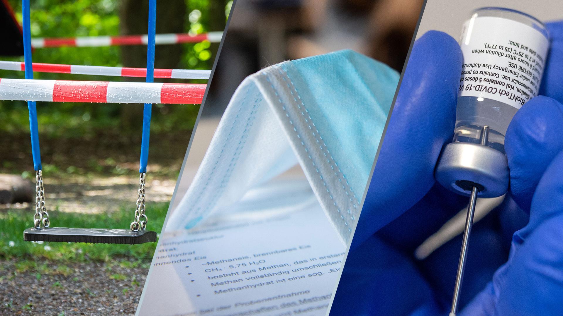 Bildmontage: Maske, gesperrter Spielplatz, Spritze