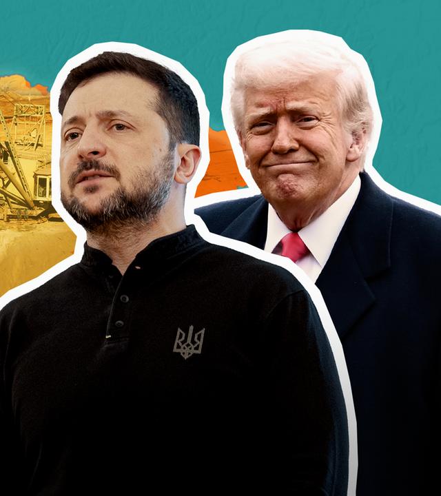Selenskjy und Trump in einer Montage vor einer Karte der Ukraine