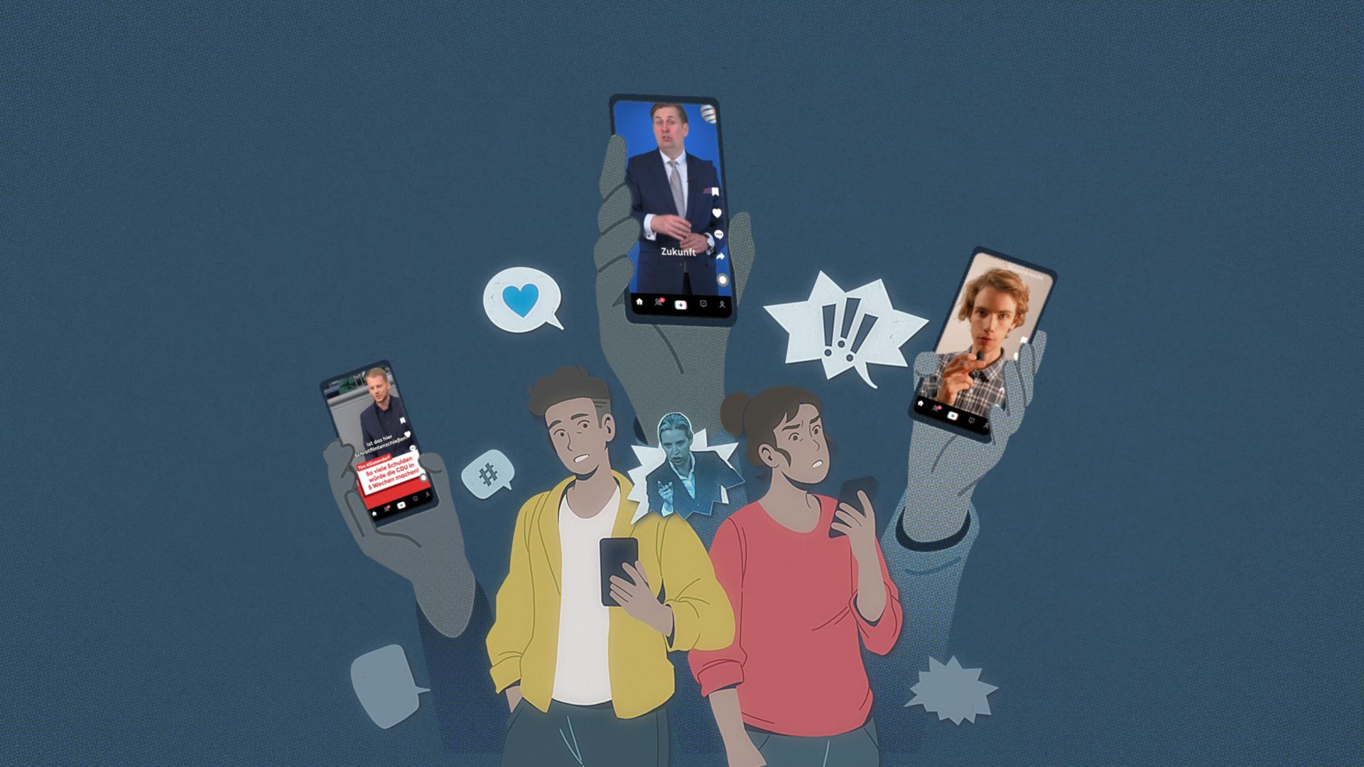 Das Titelbild zeigt mehrere Politiker, die Wahlkampf bei Facebook und TikTok für die Europawahl machen.