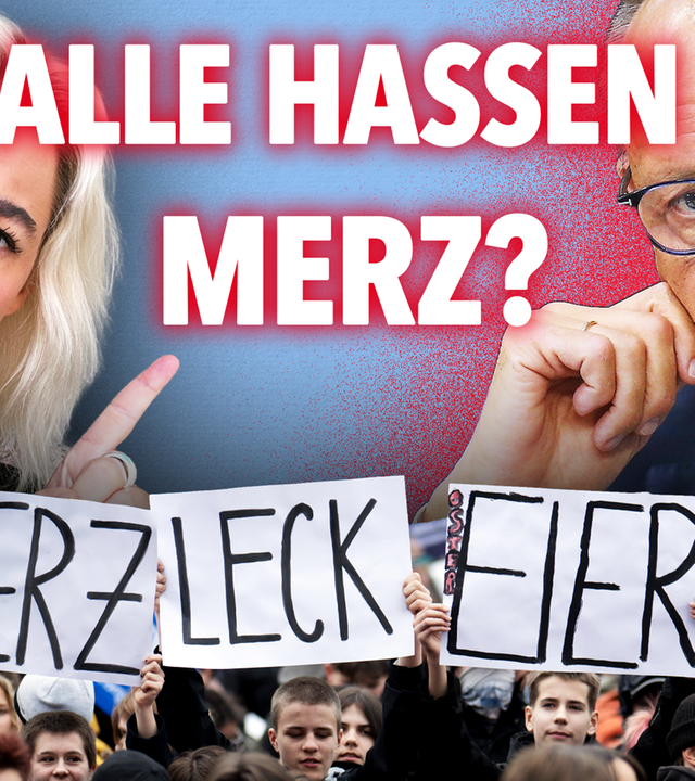 Eine Montage aus Victoria Reichelt (links), Friedrich Merz (rechts) und einem Transparent