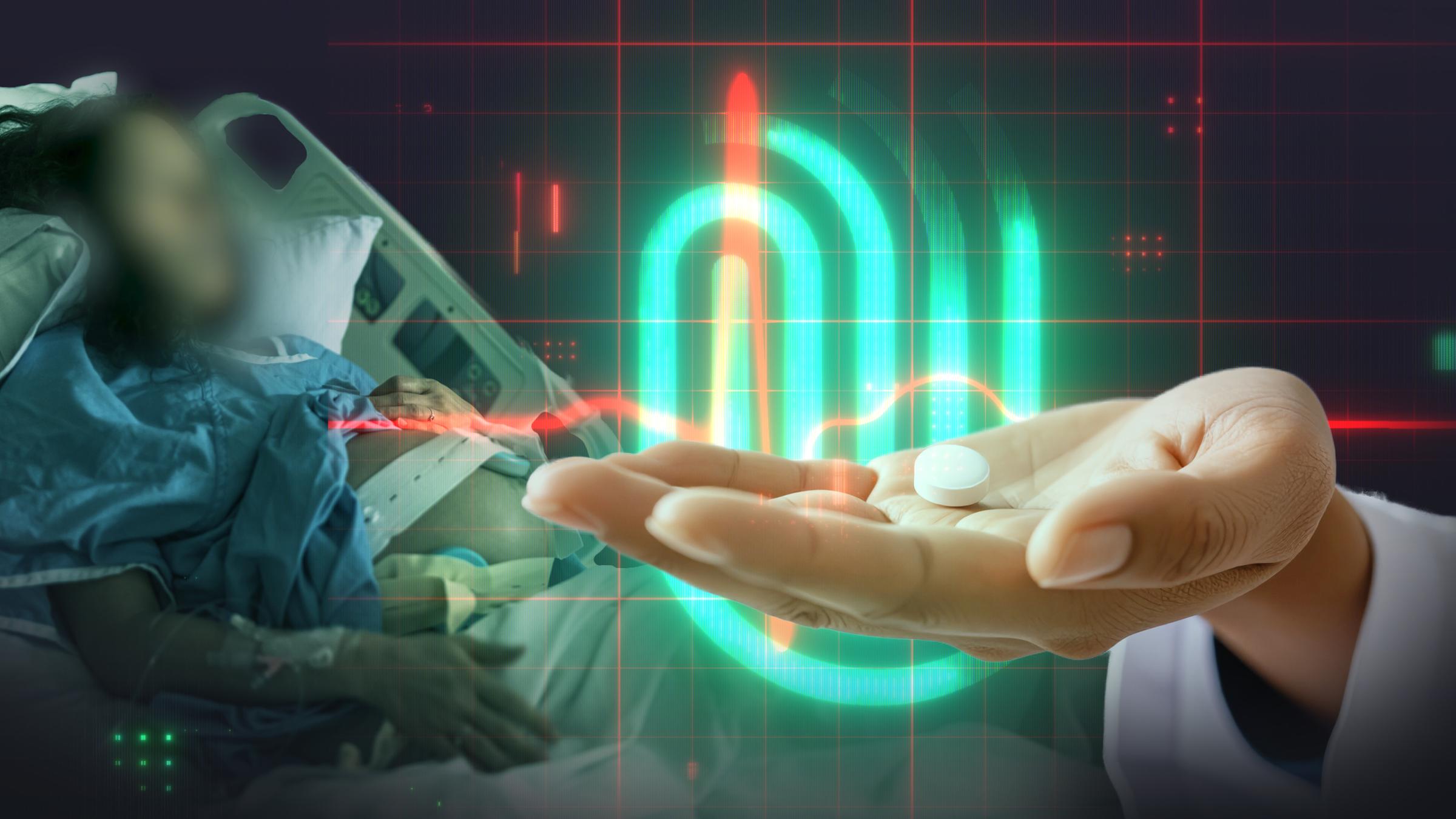 Hand mit Medikament, im Hintergrund Frau im Krankenbett, Spur-Logo