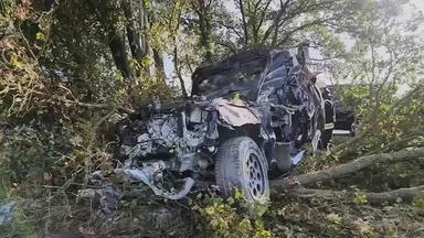Auf dem Bild ist zu sehen: Ein stark beschädigtes und dunkel verkohltes Auto steht in Emstek zwischen Bäumen und dichtem Gestrüpp.