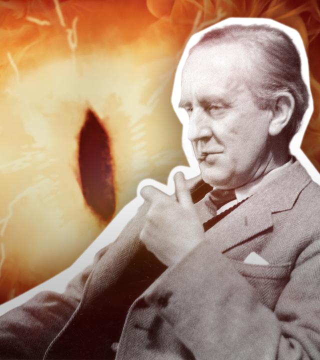 Bild von J. R. R. Tolkien, im Hintergrund das feutige Auge Saurons