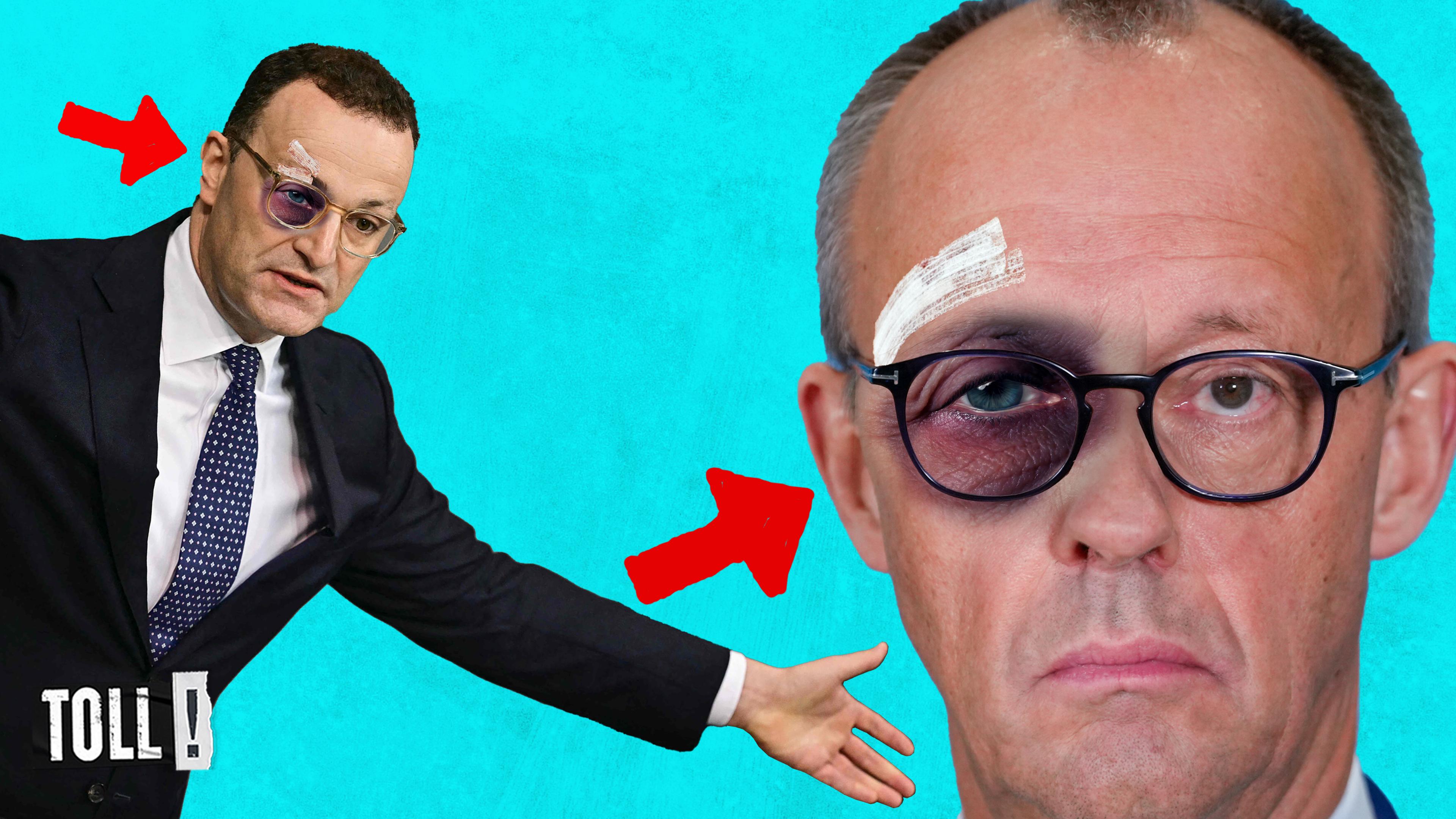 Im Vordergrund Kopf von Friedrich Merz mit blauem Auge; daneben etwas kleiener Jens Sahn mit blauem Auge