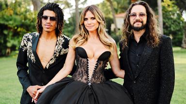Tom Kaulitz (rechts) mit Ehefrau Heidi Klum (Mitte) und Stiefsohn Henry (links).