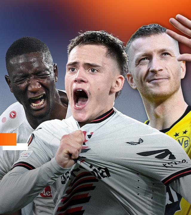 Vorschaubild für die "Top Ten Tore" der Saison mit u.a. Marco Reus und Florian Wirtz.