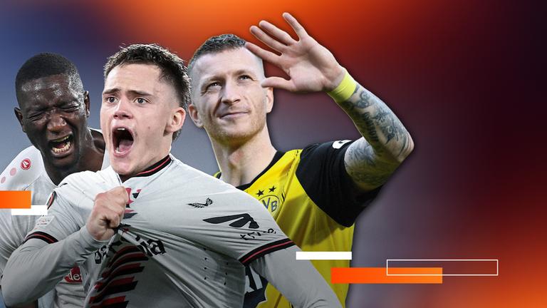 Vorschaubild für die "Top Ten Tore" der Saison mit u.a. Marco Reus und Florian Wirtz.