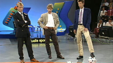Andreas Brehme, Frank Mill und Günther Jauch an der Torwand