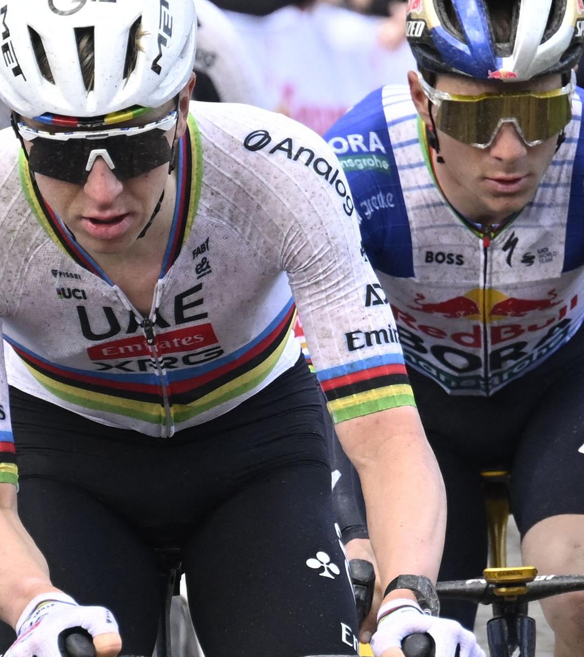 Tadej Pogačar (UAE Team Emirates) und Remco Evenepoel (Red Bull-BORA-hansgrohe) beim Rennen über 278 km von Antwerpen nach Oudenaarde, aufgenommen am 5. April 2026 in Haaltert.