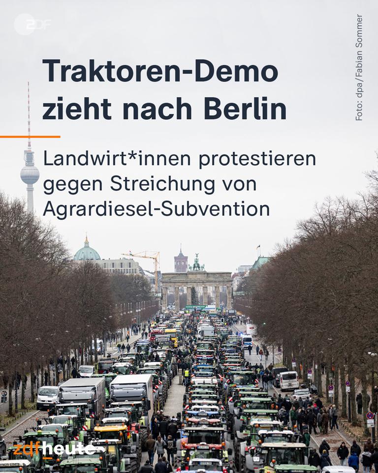 Die Straße des 17. Juni vor dem Brandenburger Tor steht voll mit Traktoren.