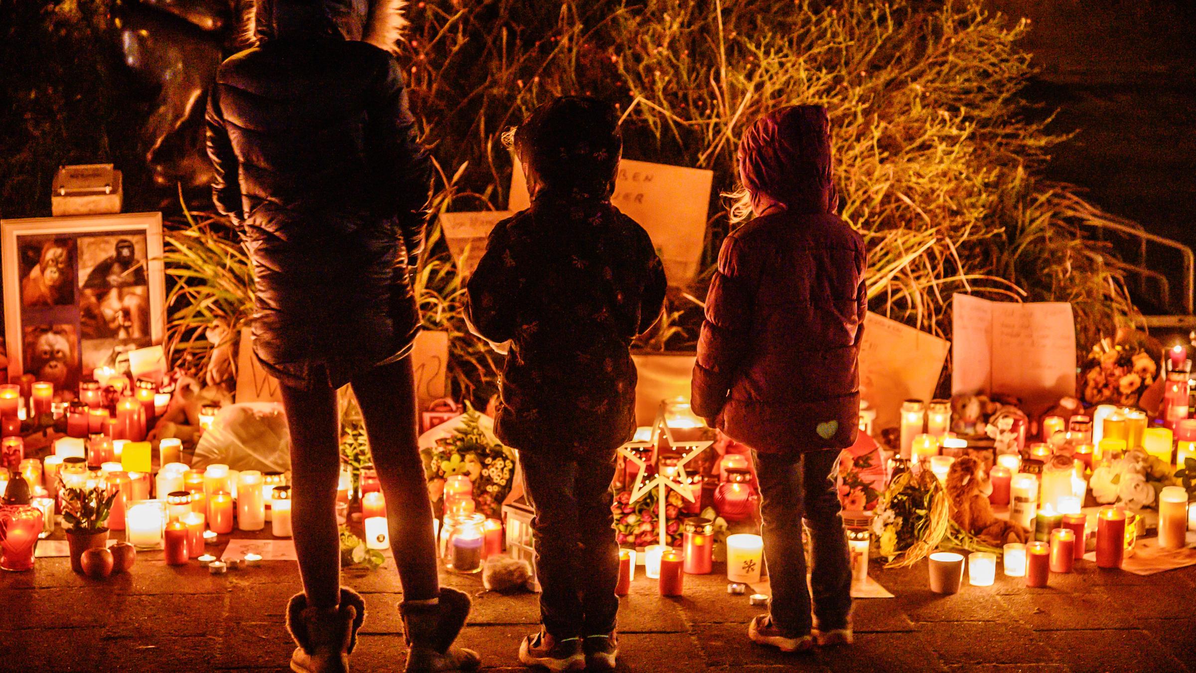 Die Bevölkerung hat Kerzen am Zoo in Krefeld aufgestellt in Trauer um die Affen.
