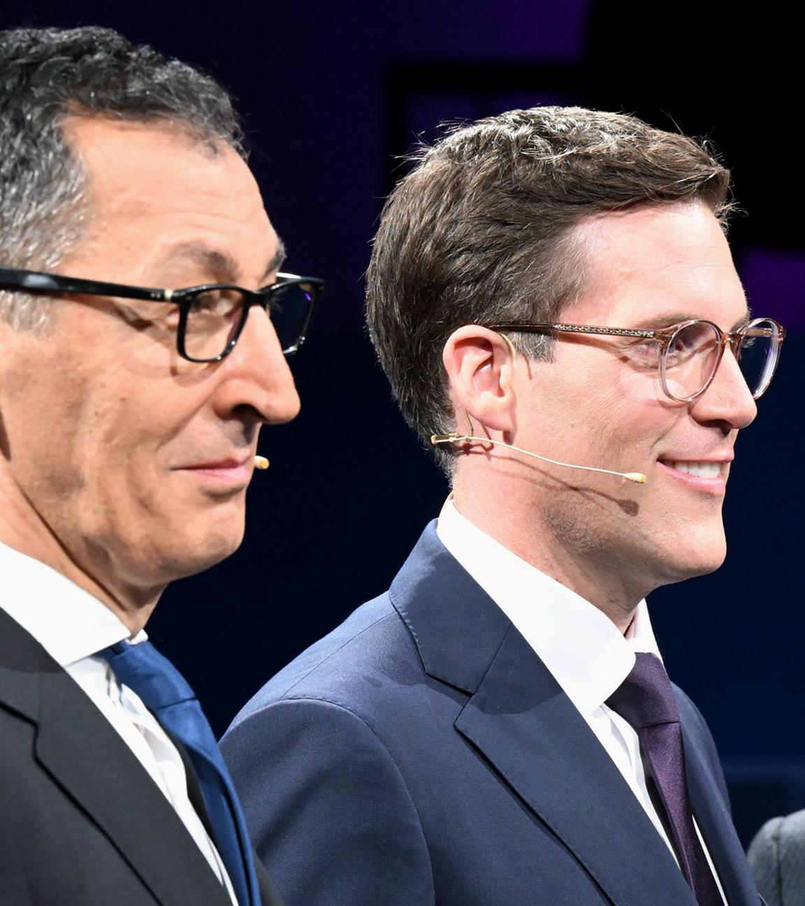  Baden-Württemberg, Stuttgart: Die Spitzenkandidaten zur Landtagswahl, Cem Özdemir (Grüne, l-r), Manuel Hagel (CDU) und Markus Frohnmaier (AfD), treffen beim Triell aufeinander.