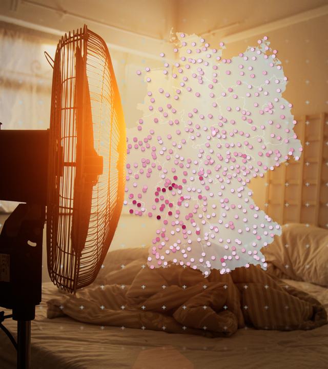 Deutschland als Kartenumriss mit farbigen Punkten, über einem Foto von einem Ventilator in einem Schlafzimmer vor Sonne, die durchs Fenster scheint.