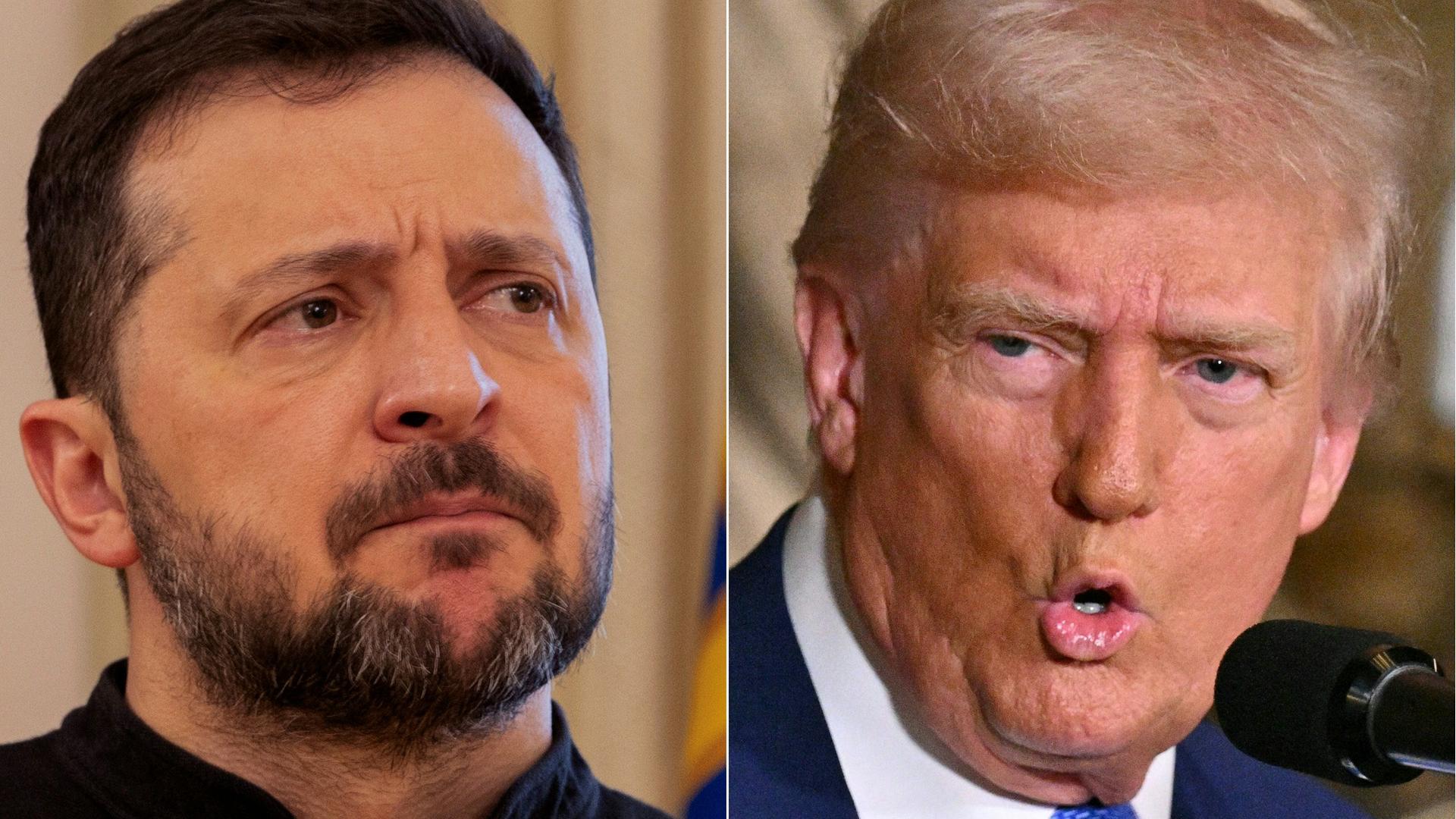 This combination of pictures created on February 19, 2025 shows, L-R, Ukraine's President Volodymyr Zelensky in Kyiv on February 19, 2025 and US President Donald Trump in Palm Beach, Florida, on February 18, 2025.