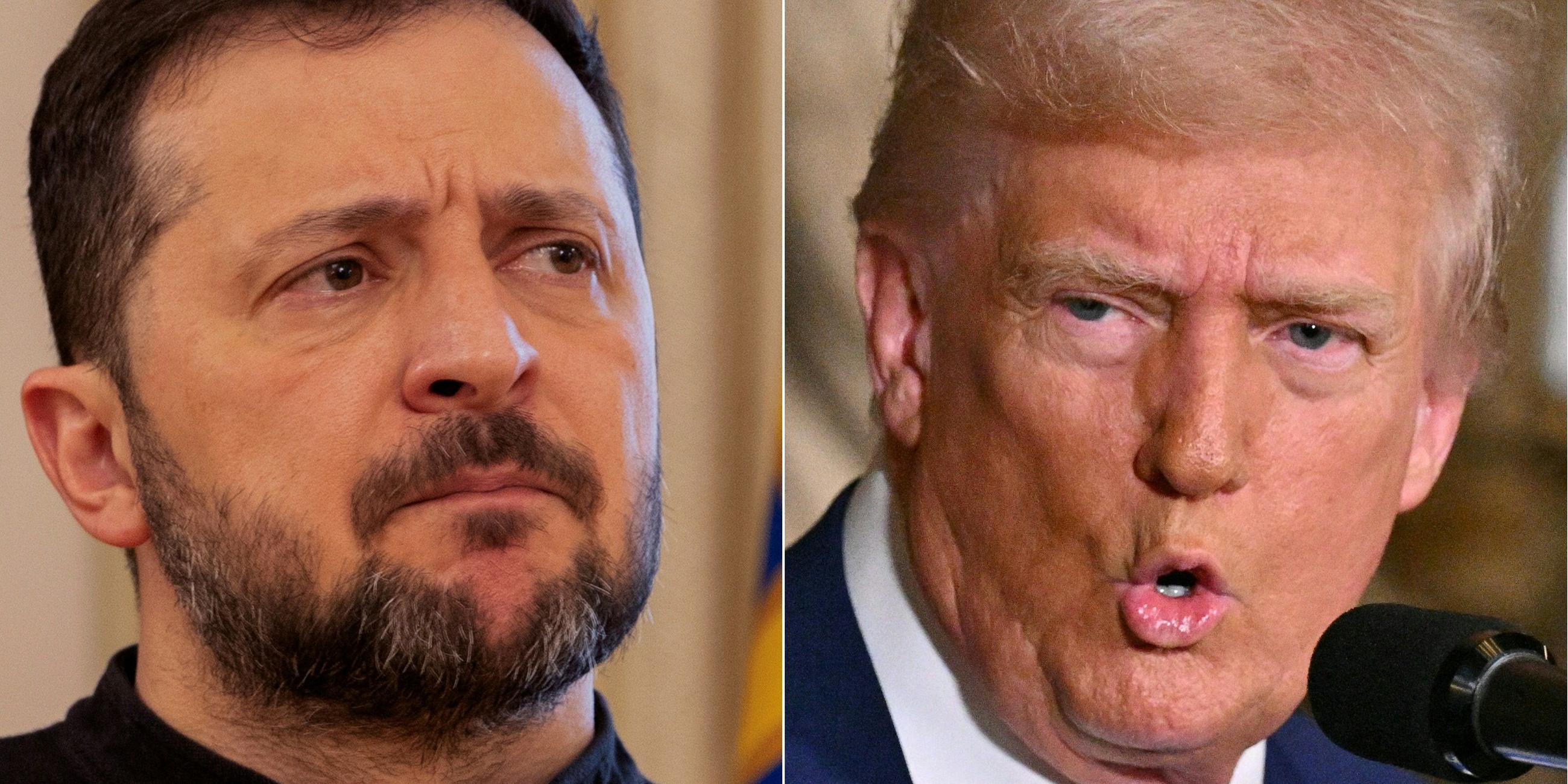 This combination of pictures created on February 19, 2025 shows, L-R, Ukraine's President Volodymyr Zelensky in Kyiv on February 19, 2025 and US President Donald Trump in Palm Beach, Florida, on February 18, 2025.
