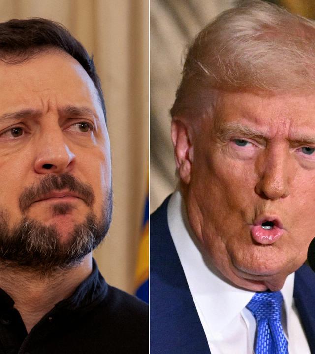 This combination of pictures created on February 19, 2025 shows, L-R, Ukraine's President Volodymyr Zelensky in Kyiv on February 19, 2025 and US President Donald Trump in Palm Beach, Florida, on February 18, 2025.