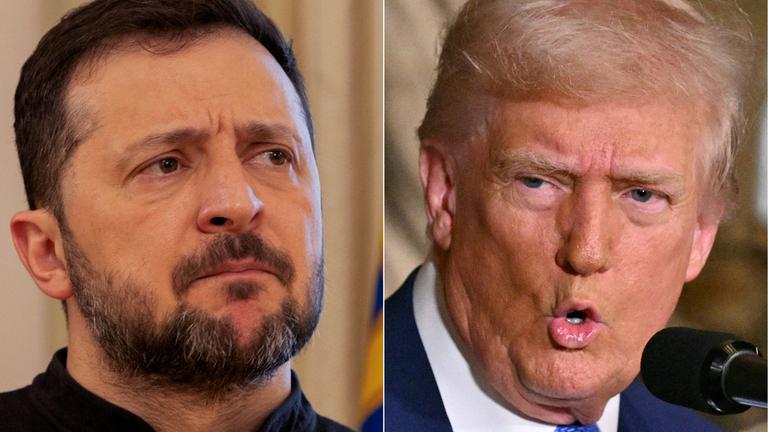 This combination of pictures created on February 19, 2025 shows, L-R, Ukraine's President Volodymyr Zelensky in Kyiv on February 19, 2025 and US President Donald Trump in Palm Beach, Florida, on February 18, 2025.