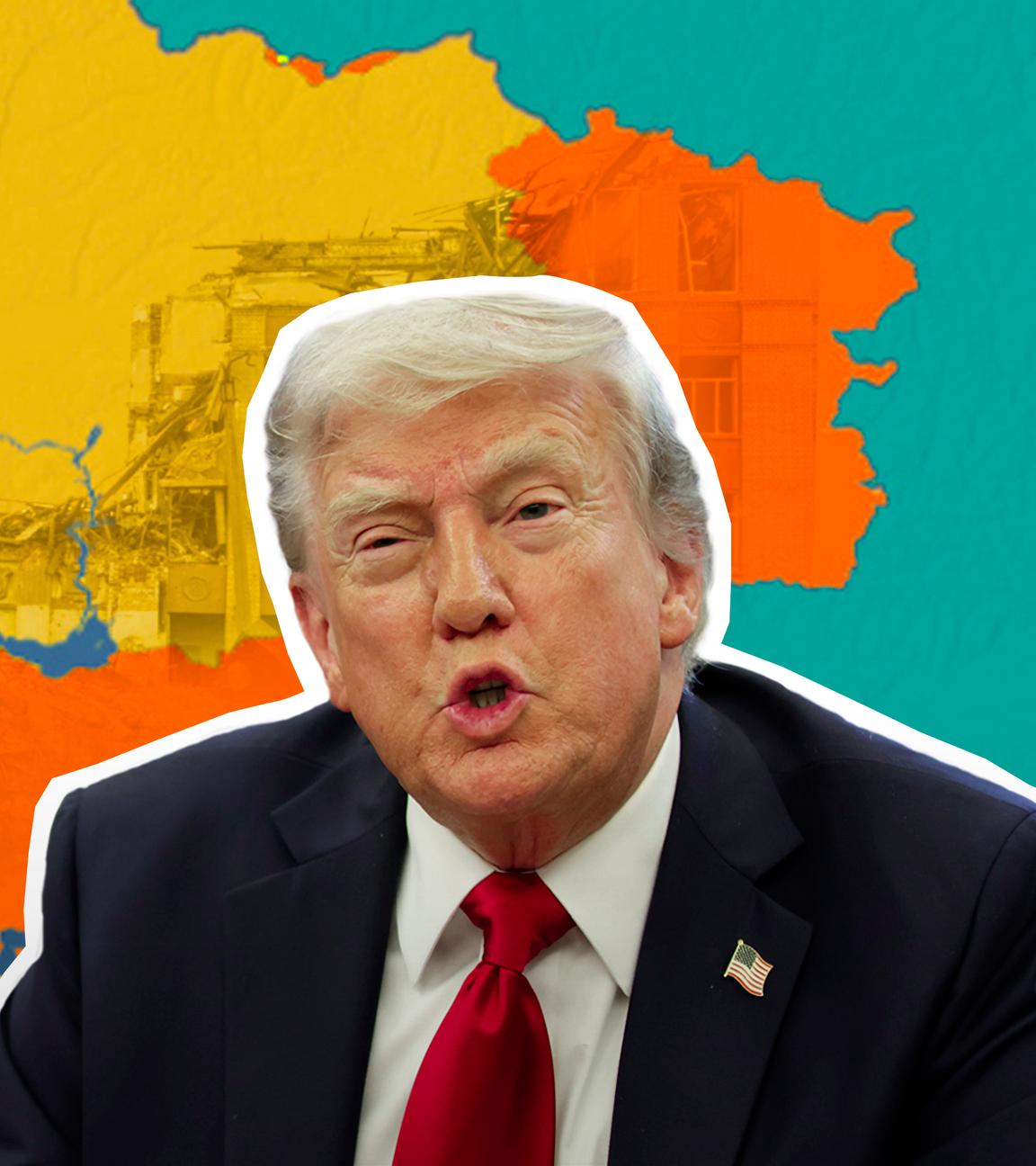 US-Präsident Donald Trump ist vor einer Karte der Ukraine mit aktuellem Frontverlauf abgebildet.
