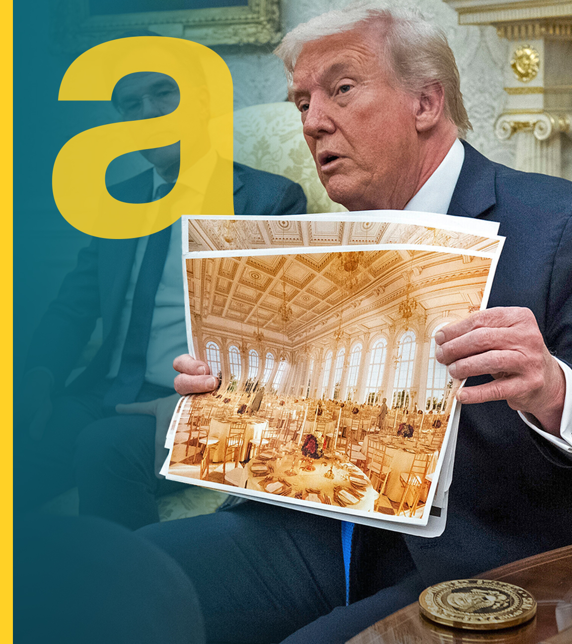 Präsident Donald Trump hält eine Darstellung des neuen Ballsaals im Weißen Haus in den Händen, während er sich mit NATO-Generalsekretär Mark Rutte trifft.