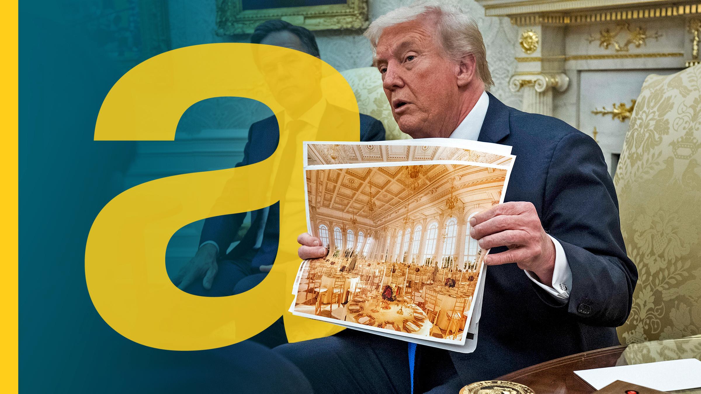 Präsident Donald Trump hält eine Darstellung des neuen Ballsaals im Weißen Haus in den Händen, während er sich mit NATO-Generalsekretär Mark Rutte trifft.