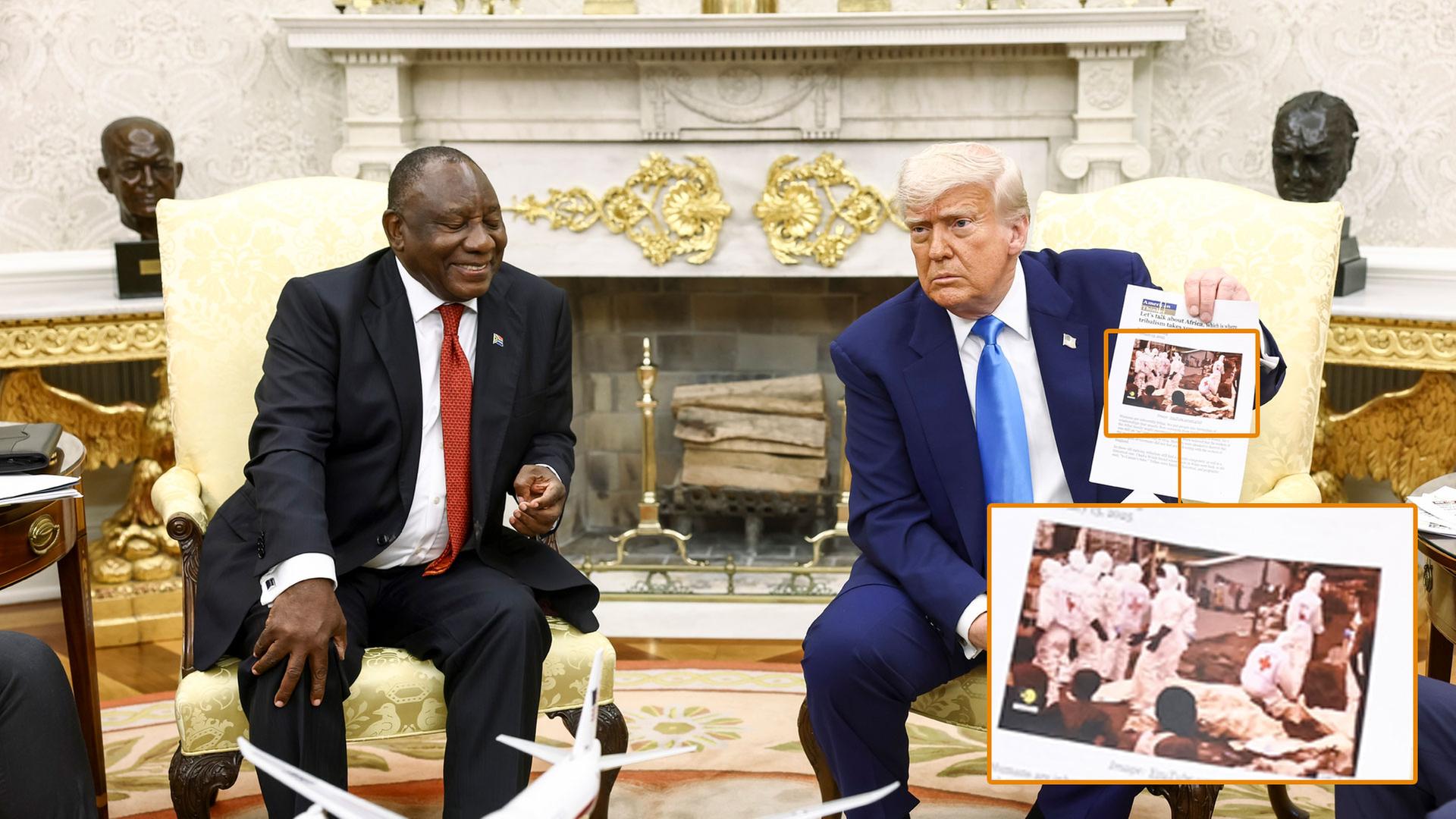 US-Präsident Trump zeigt Nachrichtenartikel zur Gewalt in Südafrika - das abgebildete Foto im Artikel stammt jedoch aus dem Kongo