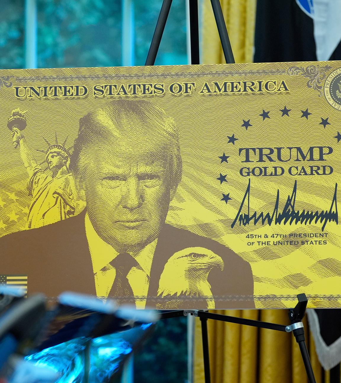 Archiv: Ein Poster mit der Trump Gold Card ist abgebildet, während US-Präsident Donald Trump im Oval Office des Weißen Hauses spricht.
