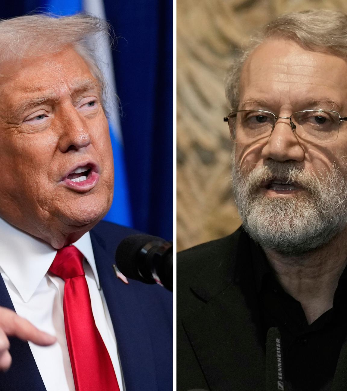 Dieses Bild zeigt US-Präsident Donald Trump und den iranischen Sekretär des Obersten Nationalen Sicherheitsrates Ali Larijani.