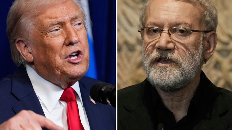 Dieses Bild zeigt US-Präsident Donald Trump und den iranischen Sekretär des Obersten Nationalen Sicherheitsrates Ali Larijani.
