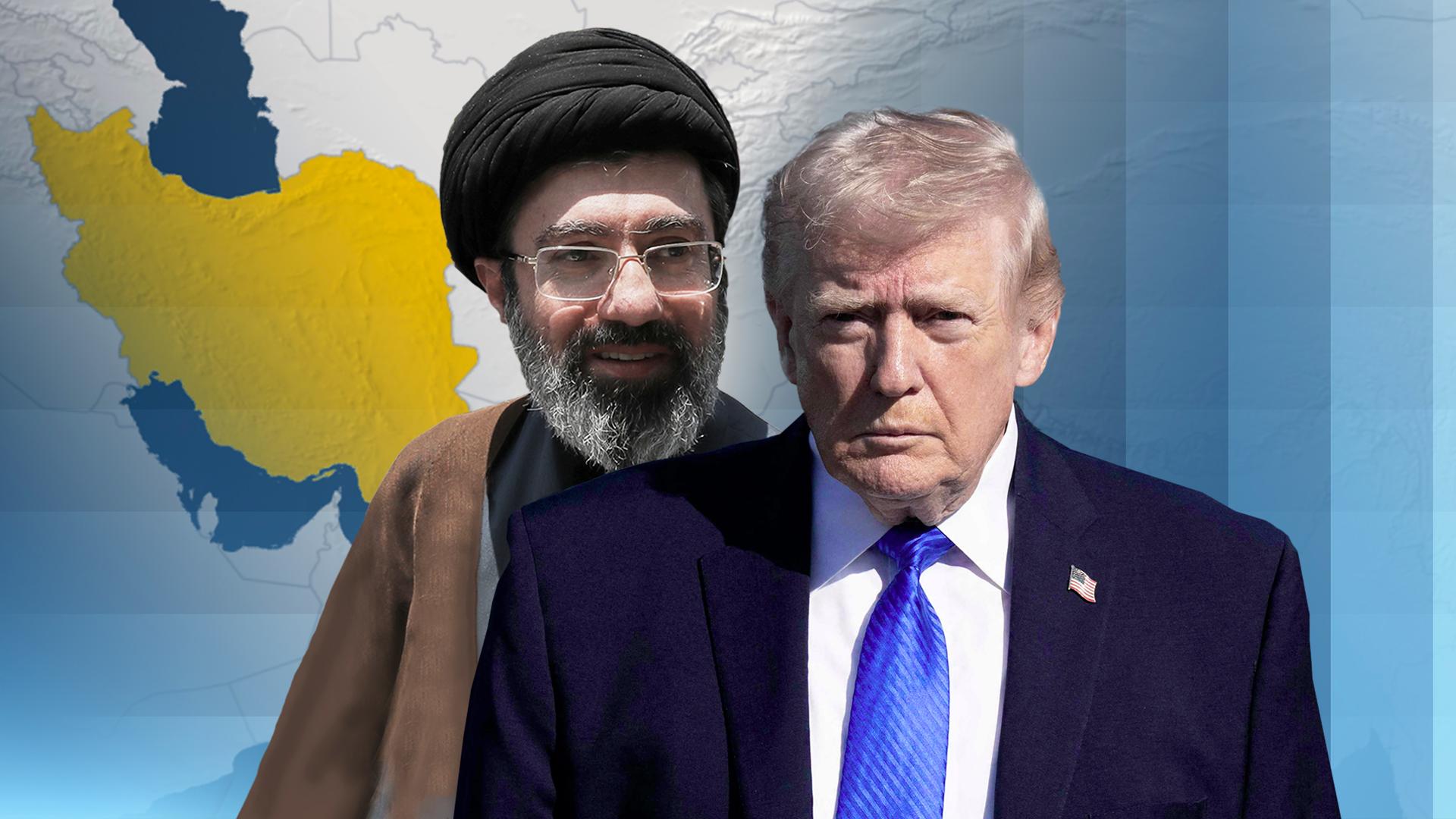 US-Präsident Donald Trump und Chameneis Sohn Modschtaba werden vor einer Iran-Karte abgebildet.