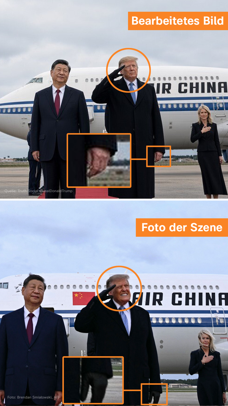Oben das bearbeitete Bild, das Trump veröffentlicht hat, unten ein Foto der Szene von einem Fotographen der Agentur AFP.