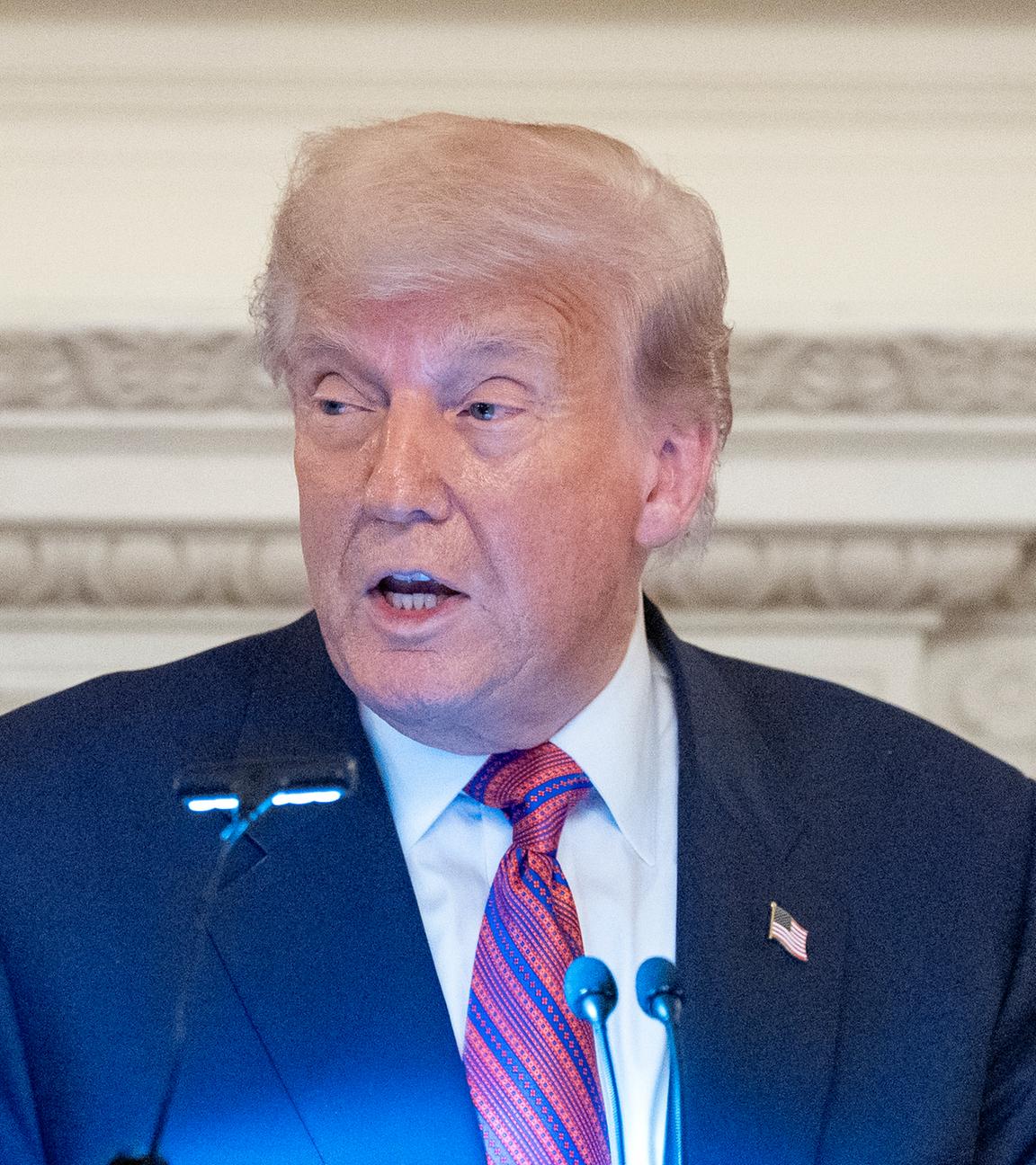 President Donald Trump speaks during a dinner for Republican senators in the State Dining Room of the White House, Friday, July 18, 2025, in Washington. 