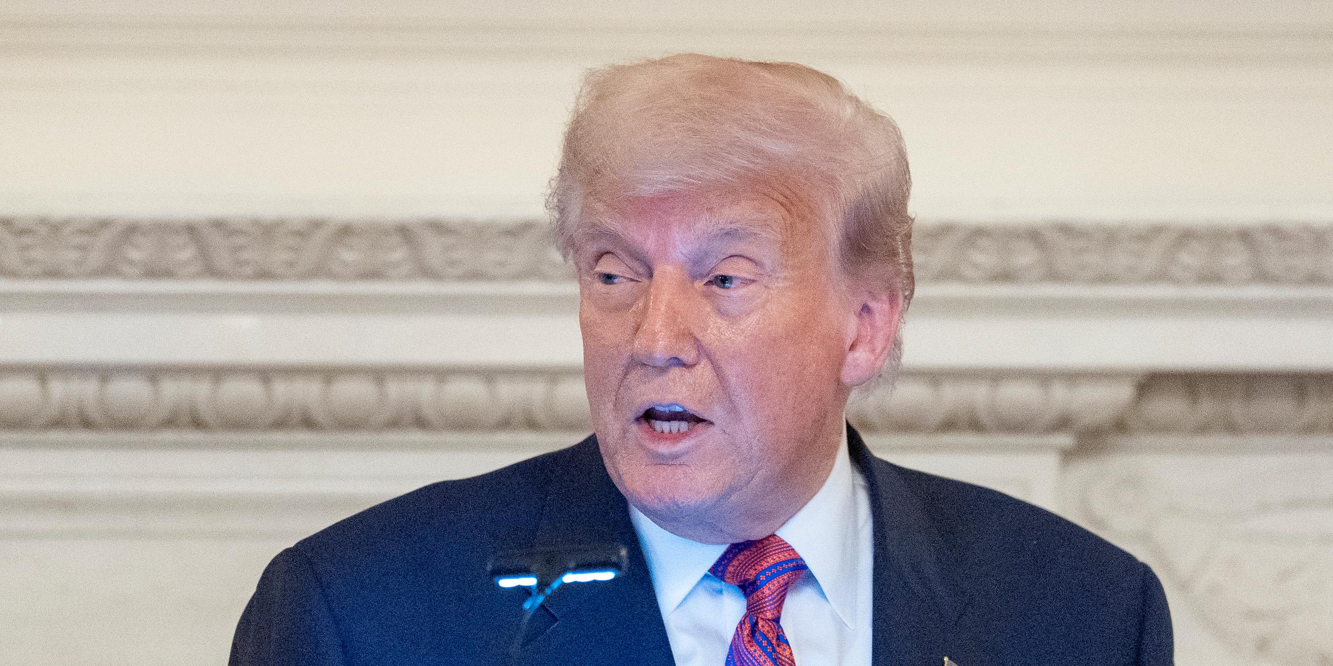 President Donald Trump speaks during a dinner for Republican senators in the State Dining Room of the White House, Friday, July 18, 2025, in Washington. 