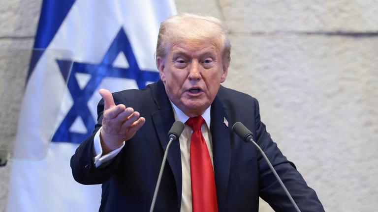 US-Präsident Donald Trump während seiner Rede im israelischen Parlement Knesset am 13.10.2025.